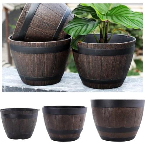 Resin Round Barrel Planter Flower Pots Home Office Garden Decor Large Brown