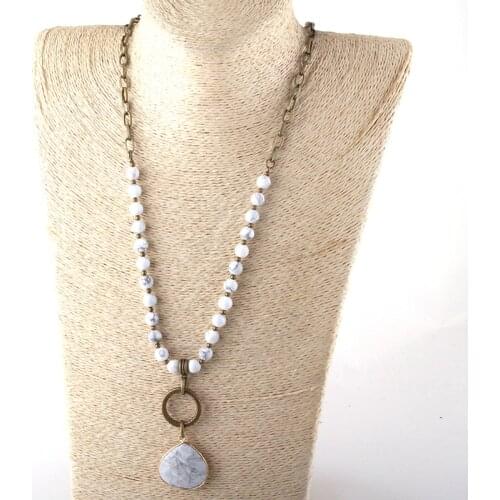 Fashion Bohemian Jewelry 8mm Stone and Chain Link Stone Pendant Necklaces For Women Ethnic Necklace