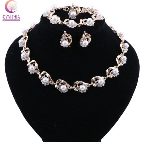 Bridal Jewelry Sets Simulated Pearl African Pendant Necklace Earrings Bracelet Ring Gold Color Crystal Wedding Accessories
