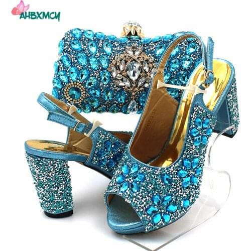 Sky Blue 2020 High Quality New Design African Women Shoes and Bag to Match Peep Toe Sandals for Elegant Women with Shining Cryst