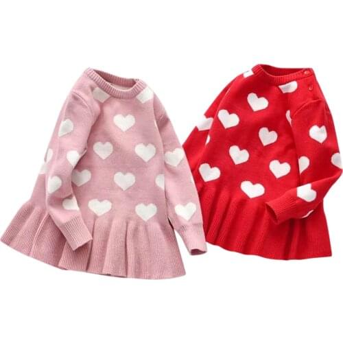 Citgeett Spring Valentines Day Kids Girls Dress Wool Knitted Sweater Heart Printed Lace Short Skirt Pullover Casual Clothes