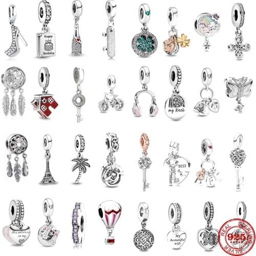 925 Sterling Silver Mother & Daughter Hearts Dangle Charms Pendant DIY fine beads Fit Original pandora Charm Bracelet Jewelry