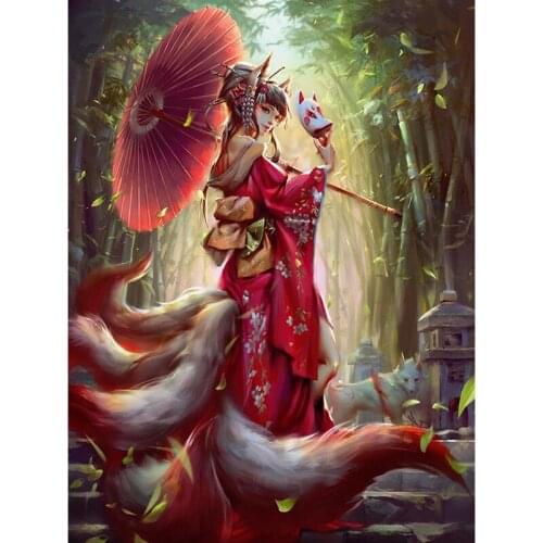 Hot Japanese Diamond Painting Portrait Nine-Tailed Fox Picture Rhinestone Full Round Diamond Embroidery Cartoon Home Decoration