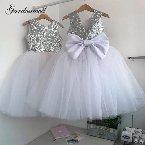 Simple Sequin Lace Flower Girl Dresses O-Neck V Back Tulle First Communion Dresses Big Bow Short Baby Girl Wedding Party Dresses