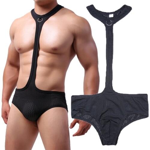 Sexy Men Undershirts Leotard Lingerie Mesh Halter Bodysuits Jockstrap Fitness Wrestling Singlet Jumpsuits Mankini Gay Underwear