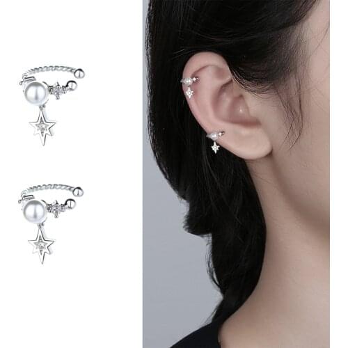 925 Sterling Silver Earcuff Earrings for Women Korean Geometric Zircon Pearl Ear cuff Clip on Earring Fake Piercing Jewelry 2pcs