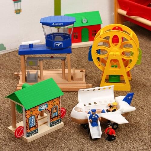 Fit for brio Toy Trains Cars Airport Signal Tower Ferris Wheel Airplane Wooden Station Track Toys Gift for Boys Girls Kids