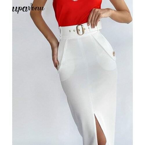 UpAvonu Womens Bandage Midi Skirt Elegant High Waist Skirt Belt Pocket Button Split Skinny Skirt Womens New Autumn 2020