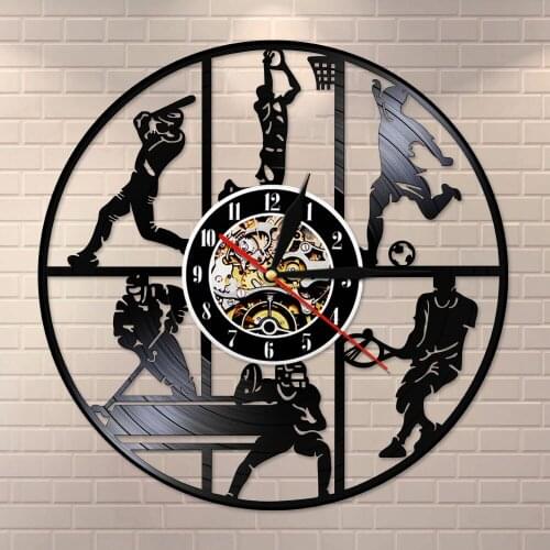 Baseball Basketball Soccer Hockey Football Tennis Ball Game Vinyl Record Wall Clock Kid Room Sports Wall Art Hanging Timepiece