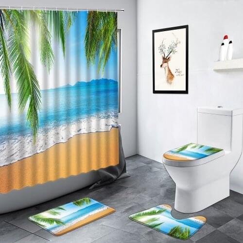 Blue Ocean Landscape Shower Curtain Beach Palm Leaves Sea Waves Natural Scenery Decor Bathroom Rug Non-slip Toilet Bath Mats Set