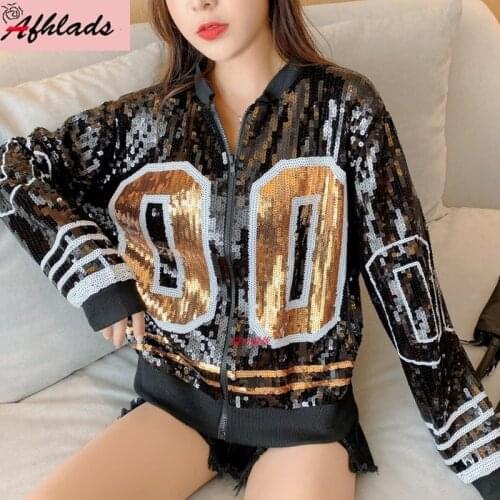 Sequined Jacket Womens Autumn Loose Korean Long Sleeved Streetwear Hip-Hop Nightclub Print Women Outerwear Jacket