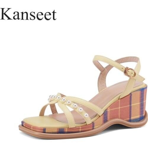 Kanseet Women Sandals 2021 New Arrival Hot Sale Pearls Decoration Summer Handmade Fashion Wedges Party Dress Daily Female Shoes