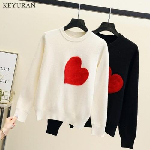 Women Knit Sweater Pollover Embroidery Red Heart O-Neck Simple Style 2021 Spring Autumn Long Sleeve Loose Knitwear Tops Jumper