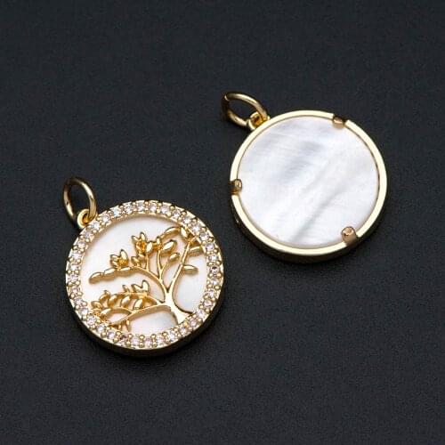 4pcs CZ Paved Gold Life Tree Charm For Jewelry Making Accessories, Shell Disc Coin Pendants 16mm, 18K Gold Plated Brass(GB-1701)