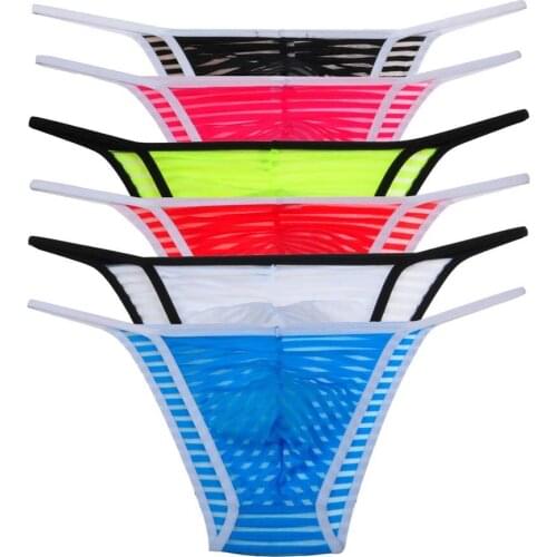 6Pcs/Lot Mens Border Mesh Striped Briefs Spun Yarn Bikini Brief Underwear Pouch Open Side Fitness Wear