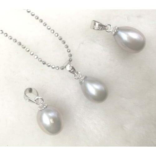 Teardrop 7.5-8mm gray freshwater pearl necklace pendant Chain Free shipping