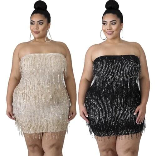 INS Hottest Women Solid Sexy Nightclub Wear Mini Dress Plus Size Females Strapless Backless Sparkling Tassels Bodycon Dresses