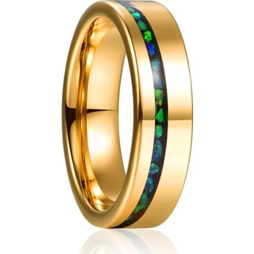 6mm Electric Gold Polished Inlaid Green Opal Tungsten Carbide Ring Mens Fashion Wedding Jewelry Best Gift
