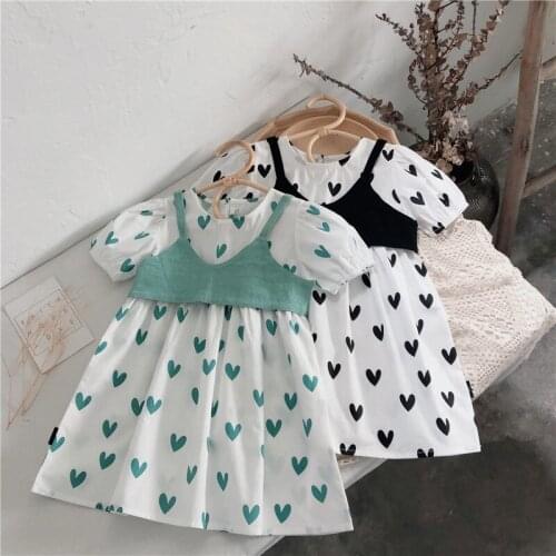 Baby Girls Dress Sets 2021 Summer Korean Style Short Sleeve Love Heart Print Dress Suits Fashion Loose 2Pcs Clothes