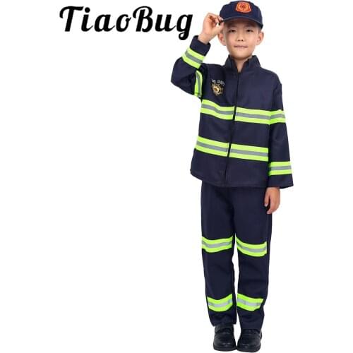 TiaoBug Boy Firefighter Role Costume Long Sleeve Jacket Coat and Pants Hat Children Girl Fireman Cosplay Halloween Party Clothes