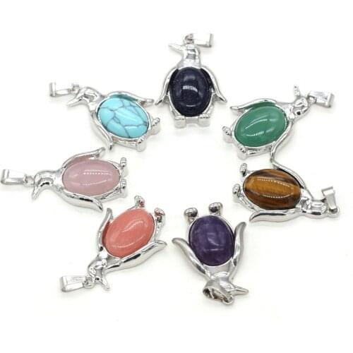 Natural Stone Pendant Penguin Animal Alloy Cute Rose Quartz Agate Handmade DIY Necklace Jewelry Gem Accessories Size 24x34mm