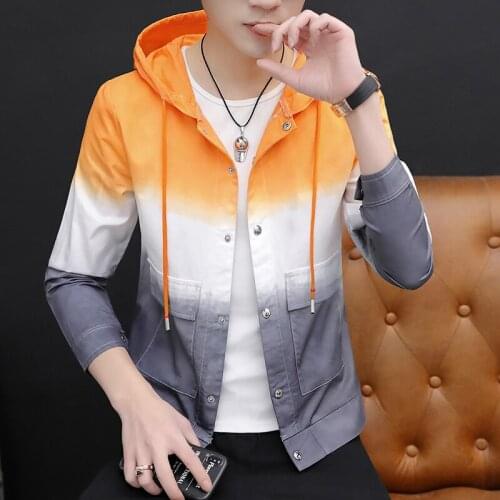 Fashion Mens Casual Coat Hooded Jacket Mixed Color Pockets Gradient Color Long Sleeve Spring Autumn Top Outwear E11