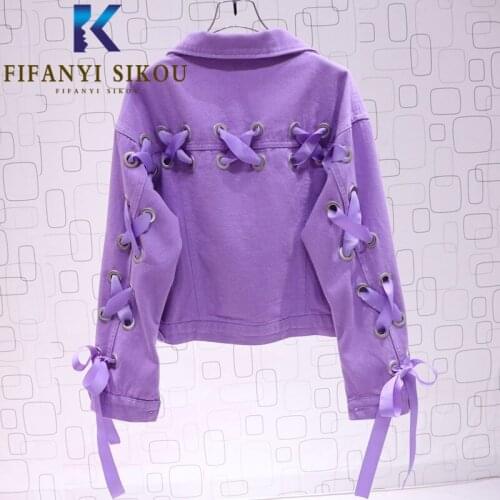 Candy colour Denim Jackets Women Korean Fashion Bandage Pocket Lapel Short Jeans Jacket Spring Autumn Casual Loose Jeans Coat