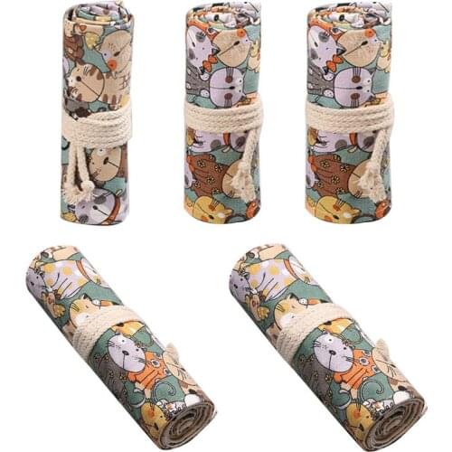 LX0B Cartoon Cat 12/24/36/48/72 Holes Canvas Roll Pen Curtain Pencil Bag Case Makeup Wrap Holder Storage Pouch