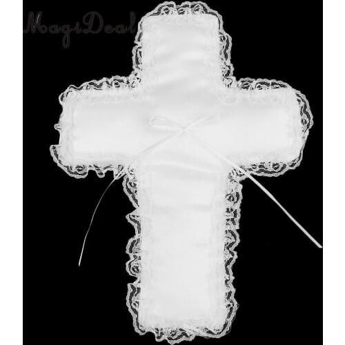 MagiDeal White Satin Cross Shape Ring Pillow With Elegant Bow-Knot & Lace Brim Craft for Wedding Ceremony Ring Bearer Cushion