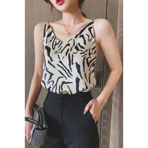Summer V-neck Zebra pattern printing Camisole Spaghetti Strap Tank Tops Women Sleeveless Satin Silky Camisole tops for women