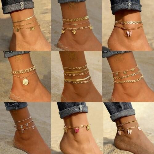 Bohemia Mixed Gold Butterfly Chain Anklets Set For Womens Summer Beach Layered Chain Ankle Anklets Fashion Foot Jewelry Gift