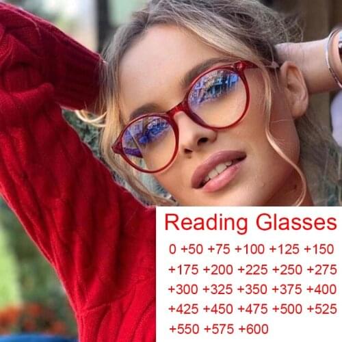 Transparent Red Round Glasses Frame Women Men Anti Blue Light Reading Prescription Eyewear Vintage Eyeglasses Plus +2.5 Leesbril
