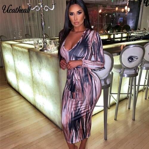 Autumn Printing Sexy Package Hip Long Sleeve Dress Women Female Tie Dyeing Print Bodycon Pencil Dress For Party Club