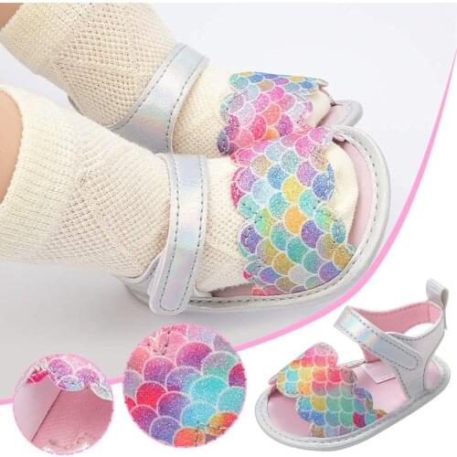 Baby Girls Sandals Rainbow Color Printed PU Leather Princess Shoes Breathable Soft Non-Slip Rubber Sole Flat Walking Sandalias
