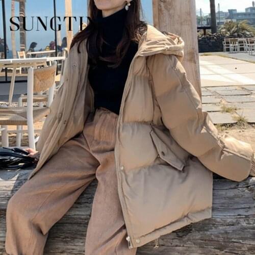 Sungtin 2021 New Winter Thicken Warm Oversized Hooded Parkas Women Korean Solid Coat Female Fashion All Match Outwear Button