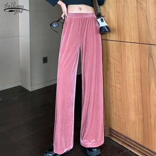 Loose Straight Black Pants Elastic Waist Pants Trousers Womens Velvet Wide Leg Pants 2021 Winter Autumn High Waist Pants 17416