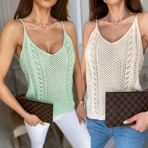 Women Hollow Out Knitting V Neck Camis Vest White Camisole Top Crop 2021 New Summer Women Outfit Basic Tops Clothes