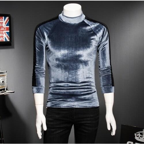 Turtleneck velvet new Autumn winter long stripe sleeve undershirt luxury Elegant slim fit men tshirt