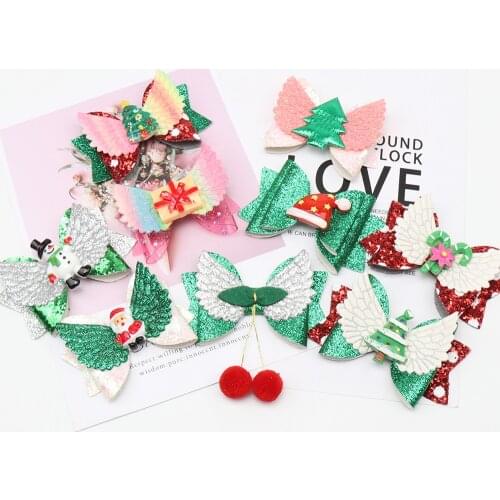 2Pcs/Lot Christmas Sparkly Glitter Hair Clip for Girls Cute Cartoon Hair Bows with Wings Hairpin Barrettes Kids Hair Accessories