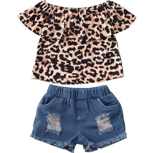 1-6T Summer Kids Baby Girl Off-Shoulder Leopard Print Tops Shirt + Ribbed Denim Shorts Clothes