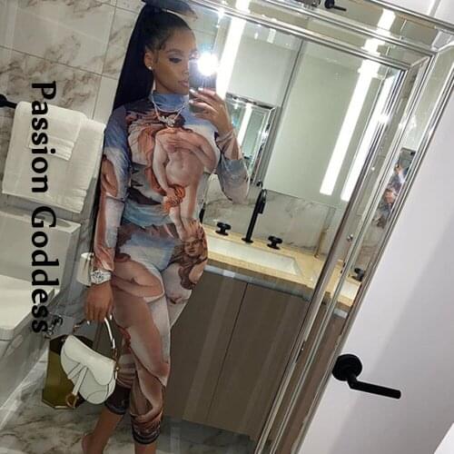 Women Oil Painting Pattern Slim Jumpsuits for Sexy Lady Long Sleeve Skinny Elastic Rompers Overalls Turtleneck Jumpsuits Workout