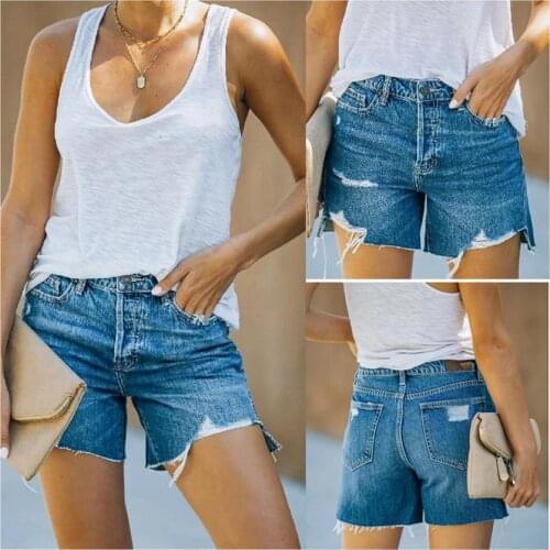 Women Ripped Washed Denim Pants Short Pant Casual denim straight-leg pants Plus Size Hole Low waist Stitch Trousers Nightclub