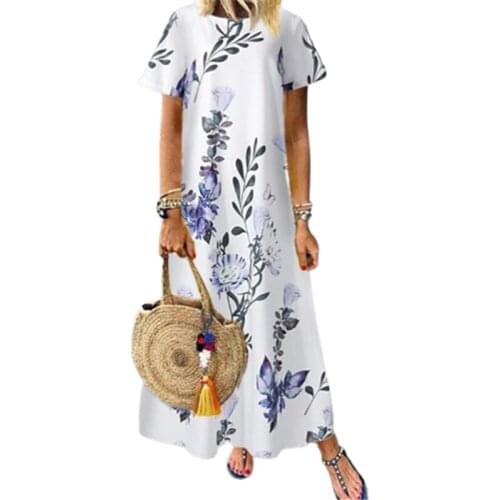 Women Floral Print O-neck Long Dress Plus Size 5XL Casual Loose Short Sleeve A-line Holiday Bohemian Pocket Robe Maxi Vestidos