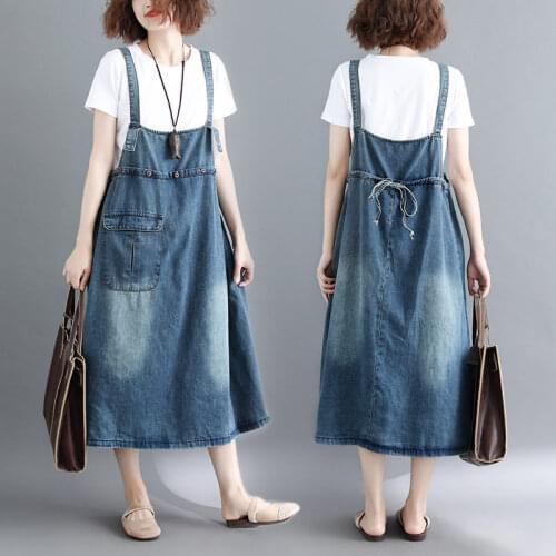 Summer Large Size Womens Denim Suspender Dress Loose Vintage Back Lace Up Long A-line Sleeveless Jeans Dress For Ladies k657