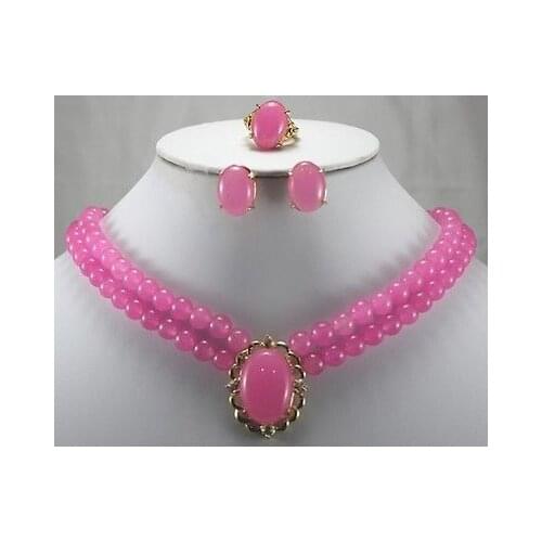 Mujer Nobility Lucky Women Charming Luxurious Pink GEM Ring Stud Earrings Necklace Pendant Jewelry Set Plated Fine moda