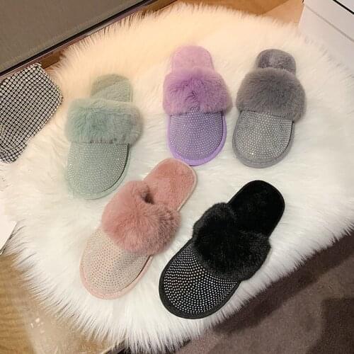 Winter Warm Flat Slippers Women Fluffy Fur, Luxury Rhinestone Plush Slipper for Home Ladies, Comfort Footwear Furry Indoor