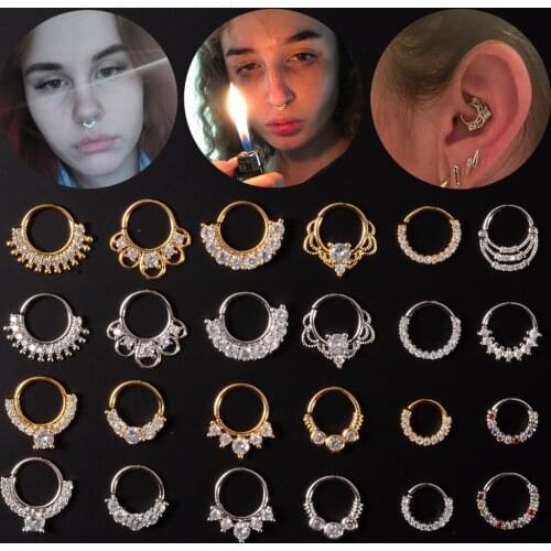 1Piece16g CZ Gem Segment Hinged Rings Septum Nose Clicker Piercing Nose Lip Earrings Helix Nose Piercing Body Jewelry