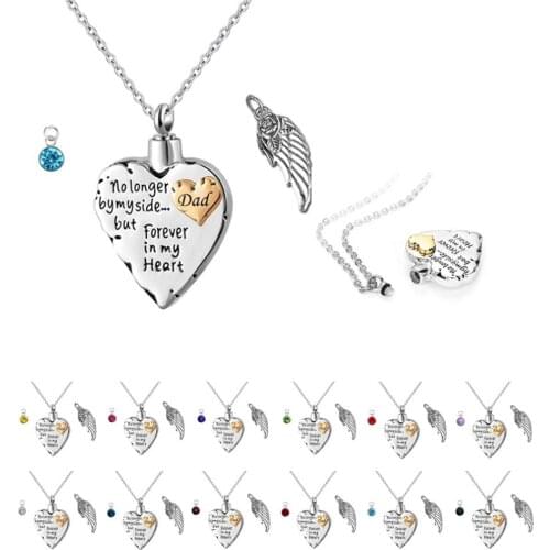 12 PCS Birthstones Heart Cremation Urn Necklace for Ashes Angel Wing Jewelry Memorial Pendant