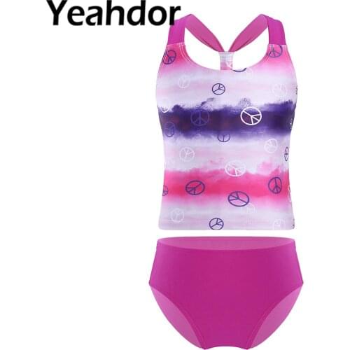 2Pcs Kids Girls Swimwear Swimming Suit U Neck Straps Racer Back Gradient Color Print Tops and Briefs Set Beach Bathing Outfit