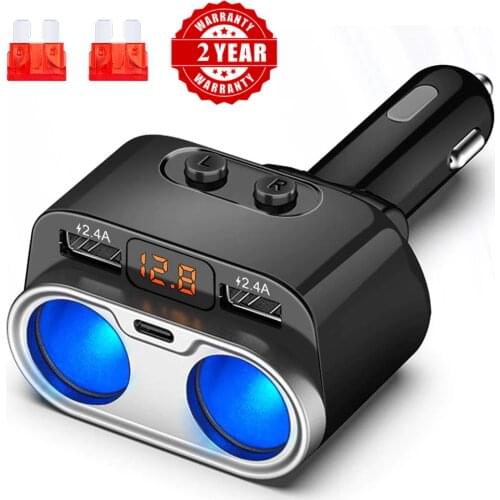 2019 New 2.4A Dual USB Car Cigarette Lighter Splitter Socket Adapter 150W LED Voltage Monitor Type C Car Charger for GPS DVR